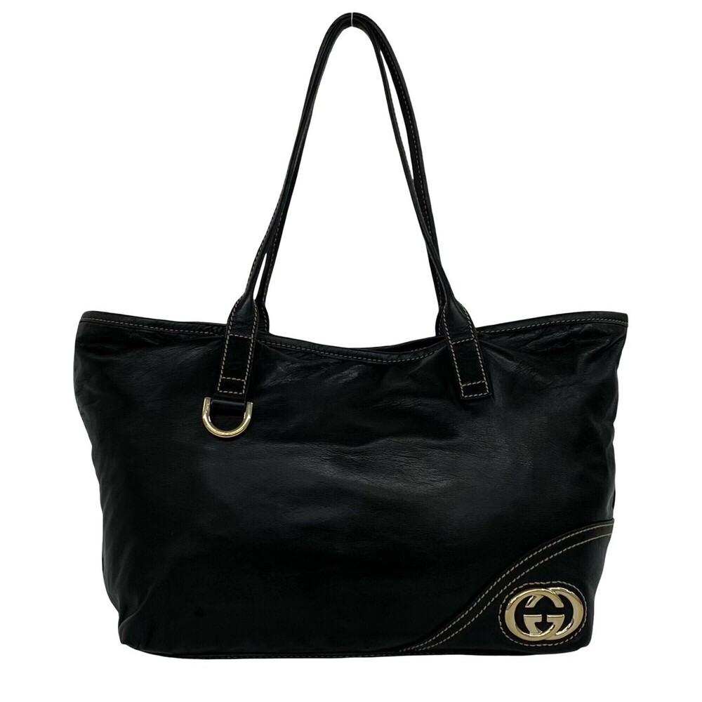 GUCCI New Brit GG Logo Hardware Leather Semi-Shoulder Bag Tote Black 34877